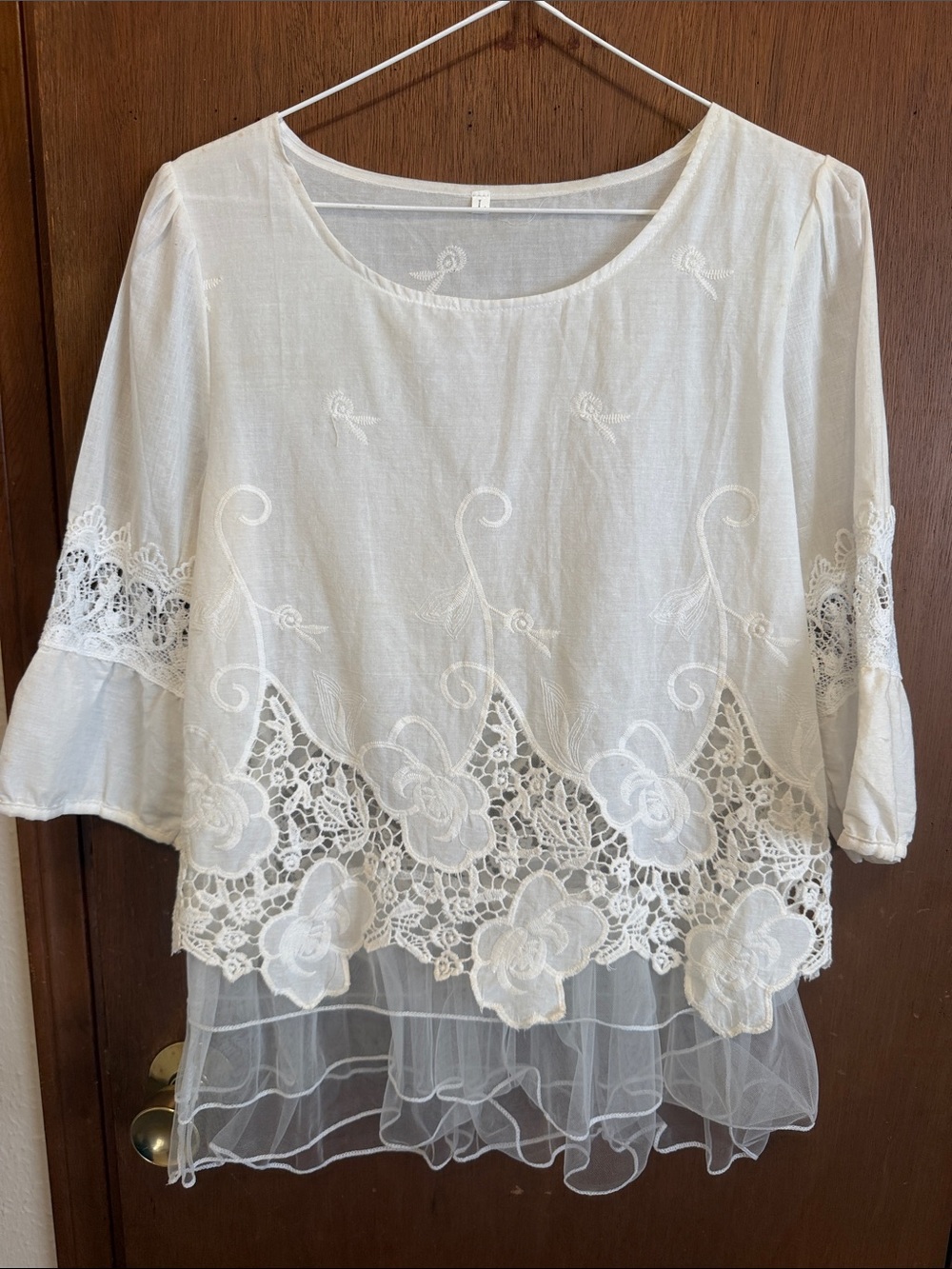 Women's White Lace & Embroidered Tunic Top with Sheer Ruffle Hem
